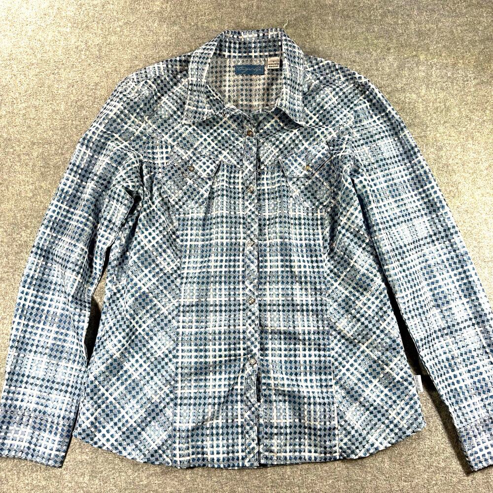 Cowgirl Up Western Blue White Check Polyester Woven Button-Up Pockets Women’s L